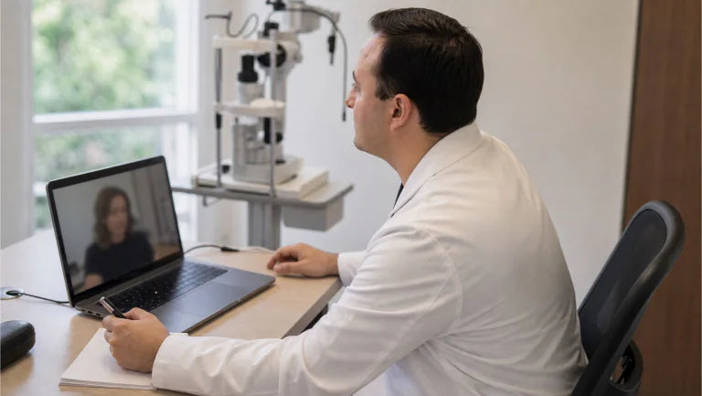 Dr. Iván De León orientando por videollamada a una paciente foránea