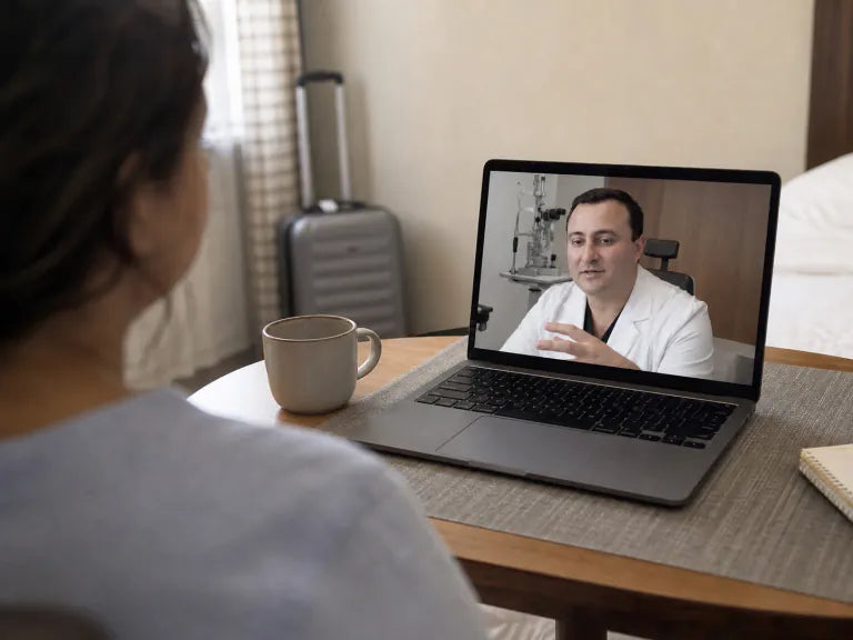 Paciente foránea conversando con el Dr. Iván De León durante una videollamada