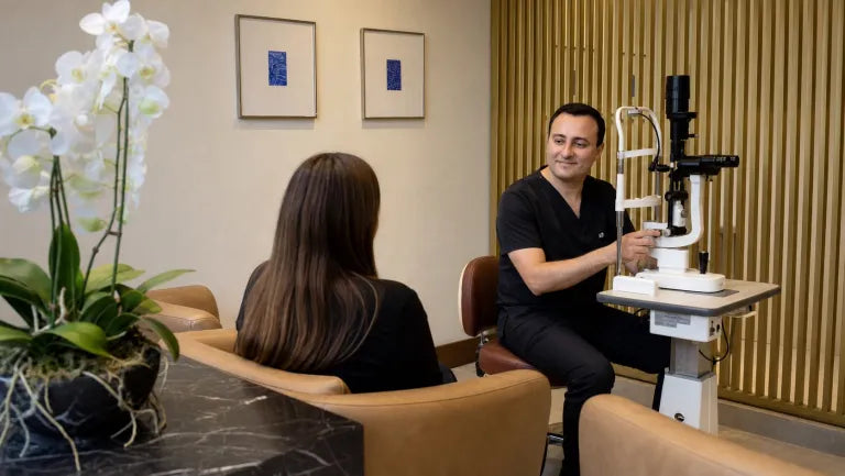 Dr. Iván De León realizando una valoración oftalmológica con lámpara de hendidura
